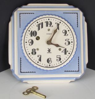 Vintage Art Deco Porcelain Miller Kitchen Wall Clock 8 Day Key Wind Up 