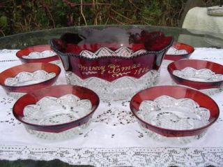 ANTIQUE RUBY FLASH EAPG SERVING BOWL & BOWLS ENGRAVED MERRY CHRISTMAS 
