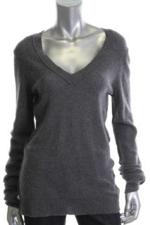 Aqua Gray Cashmere V Neck Seamed Ribbed Trim Sweater Top L BHFO