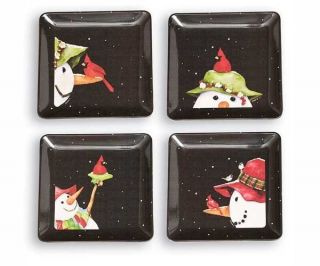 Set of 4 Snowbird Square Appetizer Plates Christmas Holiday Gifts 