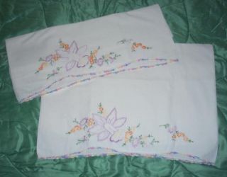 Sweet Hand Emb/Croc Vintage Cotton Pillowcases Lg Orchid & Daisies 