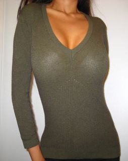 Arden B Forest Green V Neck 3 4 Sleeve Stretch Casual Knit Sweater Top 