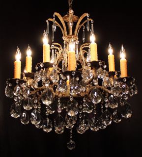 Antique French Brass Crystal Chandelier Big Prisms Old