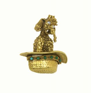 playful vintage 18k gold pearl dog in hat pin brooch