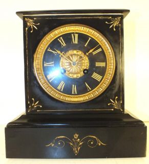Antique 8 day black slate gilt French mantle clock Victorian mantel 