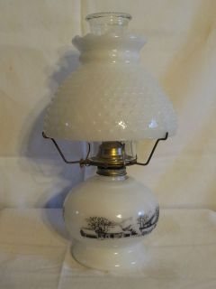 VINTAGE ANTIQUE MILK WHITE GLASS CURRIER IVES KEROSENE OIL TABLE LAMP