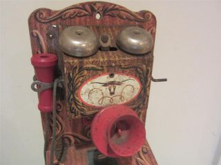 Vintage 1950s Tin Gong Bell Toy Telephone Country Western Cowboy 