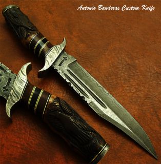 Antonio Banderas 1 OF A KIND CUSTOM DAMASCUS BOWIE KNIFE CARVED FOSSIL 