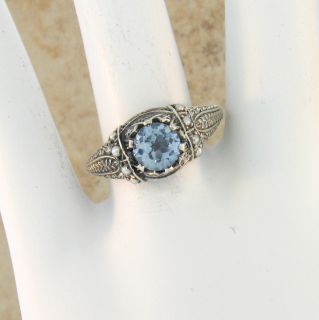 AQUAMARINE SEED PEARL ANTIQUE VICTORIAN STYLE .925 SILVER RING SIZE 9 