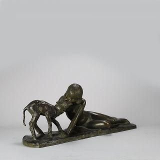 Antique Art Deco Bronze Girl and Lamb by Ary Jean Leon Bitter