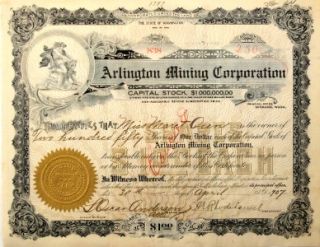 Arlington Mining Corporation Stock Certificate Spokane Washington 