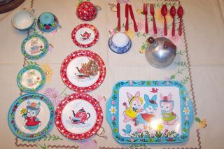 Assorted Tin Metal Childs Tea Set Pieces Tea Pot and Plastic Utensils 