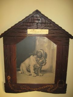 ANTIQUE FOLK ART WOOD HANDMADE FRAME OF A DOG HOUSE & OLD PRINT BY E 