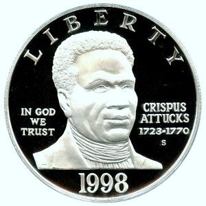 1998 s Crispus Attucks Black Patriot Proof Silver Dollar Pristine Orig 
