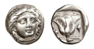 Rhodes Facing Head Helios Didrachm Rose Poδion Ancient Greek Silver 