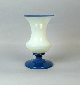 Fry Foval Art Glass Opalescent Vase with Delft Blue Foot Stem Rim 
