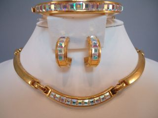   Aurora Borealis Rhinestone Necklace Choker Bracelet Earrings Set