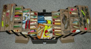 Tacklebox of wood salmon plugs spoons flashers dodgers vintage lures 
