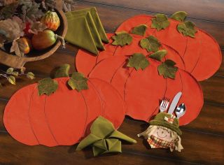 Fall Autumn Harvest Orange Pumpkin Placemats Green Napkins Table Linen 