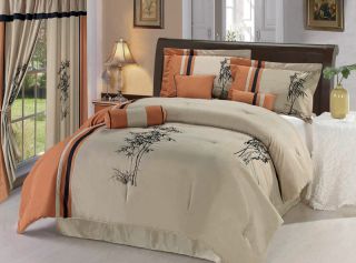 7pcs Queen Orange Bamboo Embroidered Comforter Set