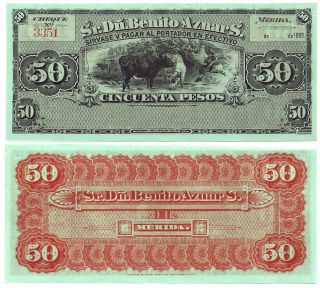 0327 PRE REV 1889 BENITO AZNAR ISSUE 50 PESOS CU