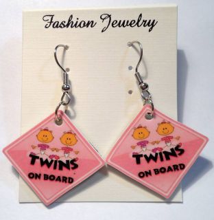 Baby Announcement Earrings Twins on Board Charms Humor