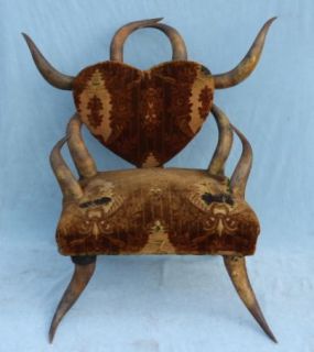 19thC Antique Western Victorian Folk Art Steer Horn Chair w Heart Back
