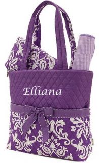 Personalized Monogrammed 3 pc Baby Diaper Bag  Purple DAMASK w Bows 