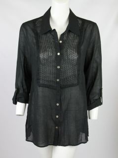 Bailey 44 Womens Black Plantation Shirt Cuffed Linen Mesh Top L $130 