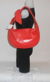 New Badgley Mischka Handbag Carina Orange Red Glazed Leather Hobo Bow 