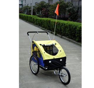 New 2IN1 Double Baby Bicycle Bike Trailer Jogger Stroller Yellow/Blue 
