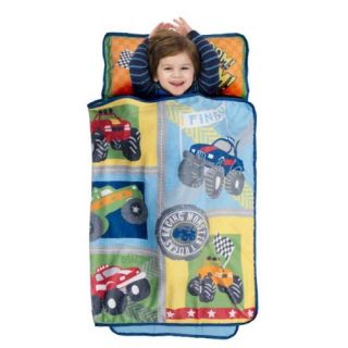 features of monster trucks nap mat by baby boom quilted mat pillow and