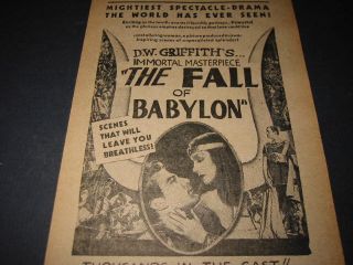 Old C 1919 Fall of Babylon Movie Handbill DW Griffith