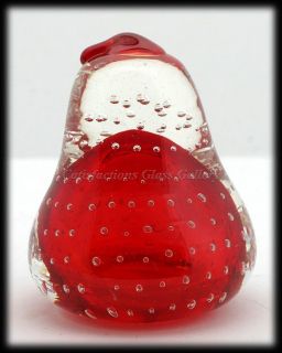 Ruby and Crystal Art Glass Pear with Controlled Bubbles Paperweight 