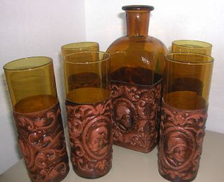 Vintage Amber Glass Decanter 5 Glasses Set Barware