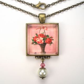 Pink Red Rose Flower Basket Vintage Charm Art Glass Pendant Brass 