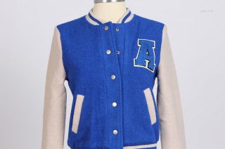 Women Girl Boiled Wool Varsity Baseball Jacket Blue s M L