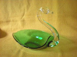 Vintage Duncan Miller Large Green Clear Glass Swan Bowl Dish
