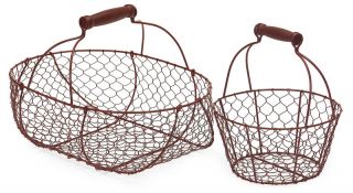 Shabby French Country Chic s 2 Red Wire Baskets Egg Baskets Home Decor 