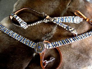 HORSE BRIDLE WESTERN LEATHER HEADSTALL TAN BLUE BLING TACK ZEBRA BLING 