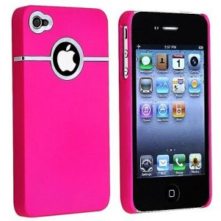 CHIC PINK WITH SILVER CHROME LINE HARD CASE COVER FOR APPLE IPHONE 4 