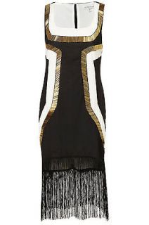Topshop Black and Gold Metallic Fringe Panel Dress Body con Tunic UK 