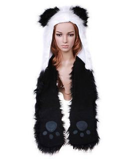 Panda Full Animal Hood Hoodie Hat with Scarfs & Mitten Faux Fur 3 in 1 