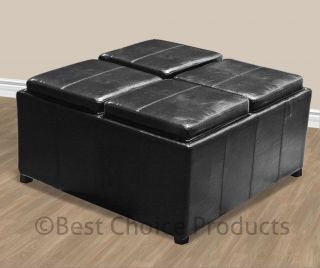 Leather Ottoman With 4 Tray Tops Storage Bench Coffee Table Black 