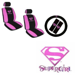 9pc Pink Supergirl Front Bucket Car Seat Cover Set Steering Wheel Seat 