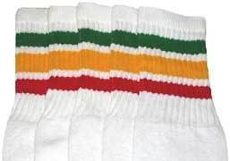 25” KNEE HIGH WHITE tube socks with GREEN/GOLD/RED stripes style 1 