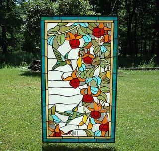 Large Tiffany Style stained glass window panel Humminbirds & Flowers