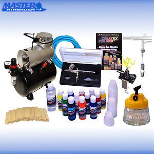DUAL ACTION AIRBRUSH w TANK AIR COMPRESSOR KIT 12 Color Createx Paint 
