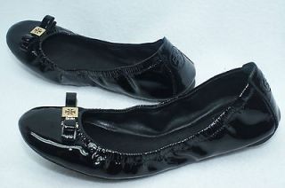 Tory Burch Eddie Logo Bow Black Patent Ballet Flats Shoes Size 8 NIB