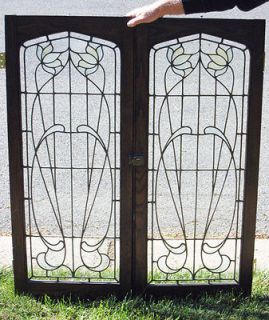 pair ART NOUVEAU LEADED GLASS oak Library Doors ***outstanding​***